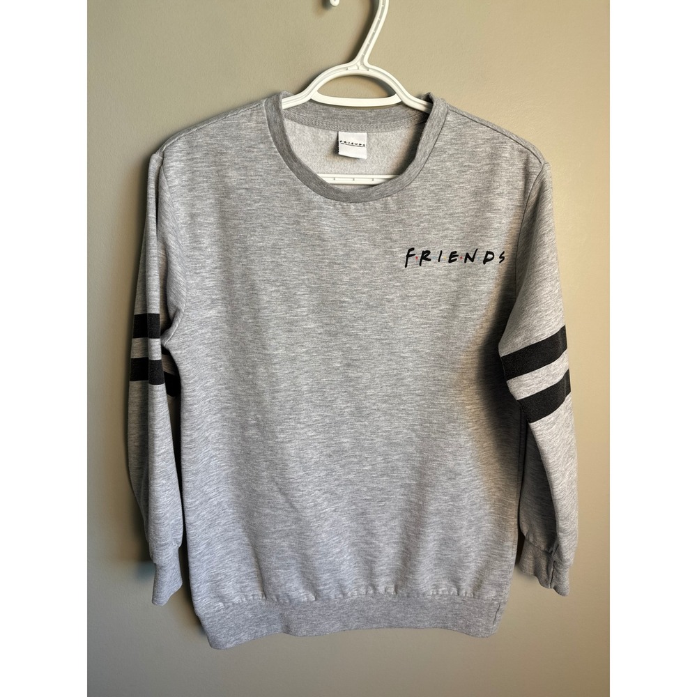 Friends Womens Gray Crewneck Sweatshirt S TV Show Graphic Varsity Stripe Sporty